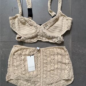 Indah Beige Crochet Bralette and Shorts Set Bikini